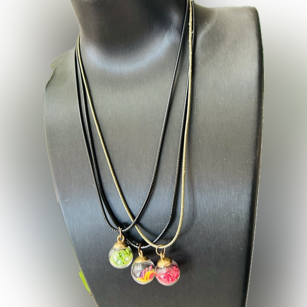 Set of THREE Colorful Fruit Miniature Slice Waxed cord Fashion Pendant Necklaces